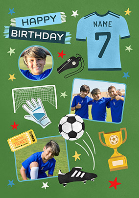 Editable Age Photo Upload Football Blue Birthday Card