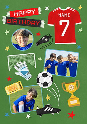 Editable Age Photo Upload Red Football Birthday Card