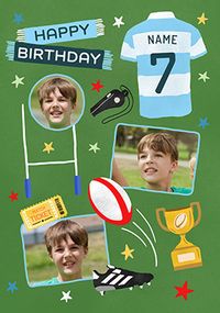 Tap to view Editable Age Photo Upload Rugby Blue Birthday Card