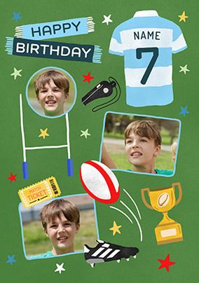 Photo of Editable Age Photo Upload Rugby Blue Birthday Card