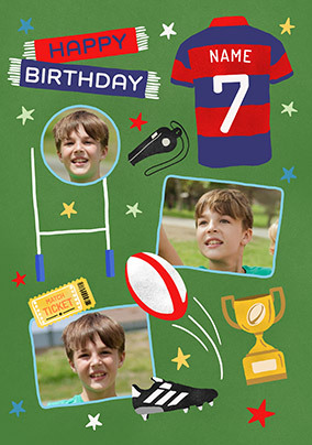 Editable Age Photo Upload Rugby Blue And Red Birthday Card