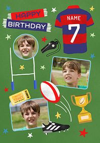 Tap to view Editable Age Photo Upload Rugby Blue And Red Birthday Card