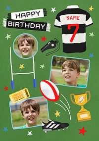 Tap to view Editable Age Photo Upload Rugby Black And White Birthday Card