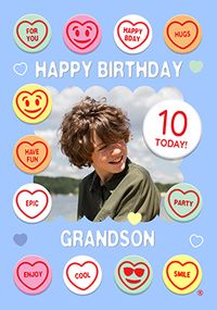 Tap to view Swizzels Love Hearts Grandson 10th Birthday Photo Card