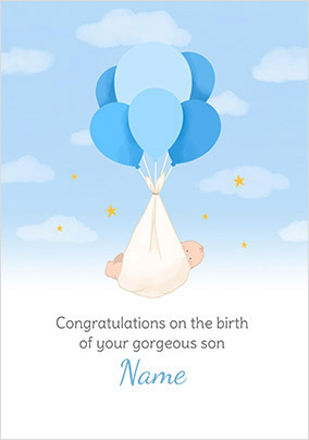 Baby Boy Blue Balloons Personalised Card