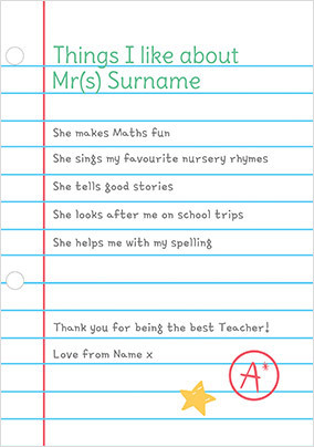 Things I Like Thank You Teacher Personalised Card