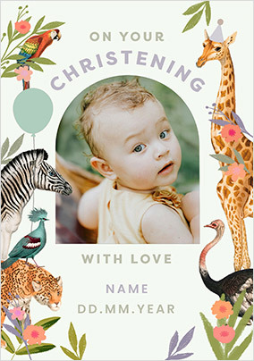 On your Christening Jungle Animals Photo Card