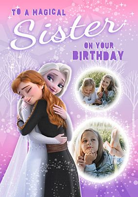 Photo of Frozen Anna & Elsa Sister Hug 2 Photo Birthday Card