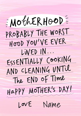 Motherhood the Worst Hood Personalised Mother's Day Card