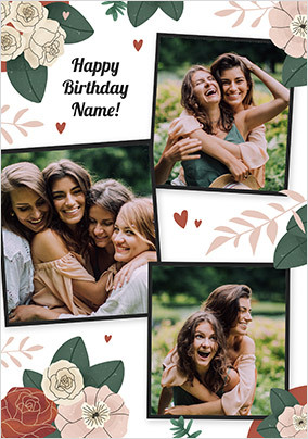 Floral 3 photo upload Birthday Card