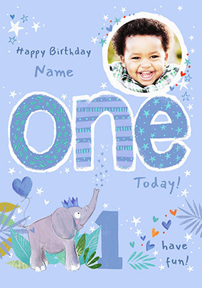 Age 1 Personalised Elephant Blue Card