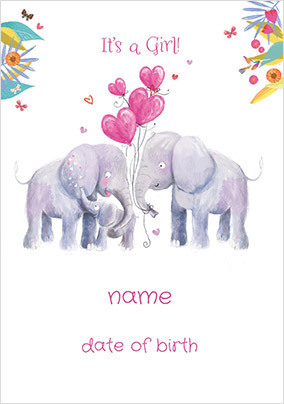 It's A Girl New Baby, personalised Elephant Card