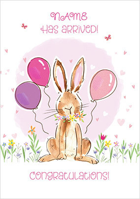 Bunny Pink Balloons, Personalised Girl Card