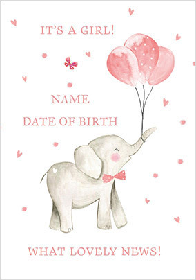 Pink Elephant Personalised Baby Girl Card