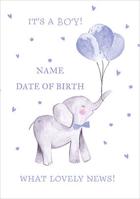 Blue Elephant Baby Boy Personalised Card