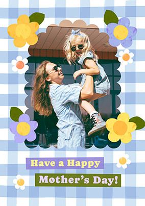 Photo of Blue Gingham Border Photo Mother's Day Card