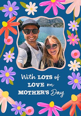 Photo of Blue Floral Border Photo Upload Mother's Day Card