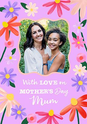 Photo of Mum Purple Floral Border Photo Mother's Day Card