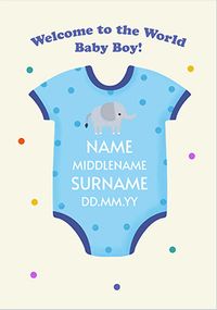 Tap to view New Baby Boy Personalised Baby Grow Card