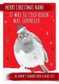 Robin Into A Blue Tit Personalised Christmas Card