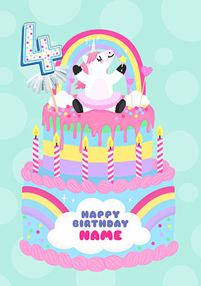 Unicorn Cake 4th Birthday Card