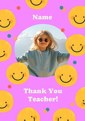Photo of Smiley Face Thank You Teacher Pink Photo Card