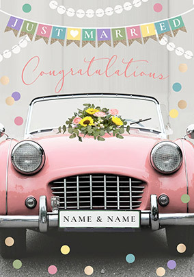 Just Married Pink Car Personalised Wedding Card