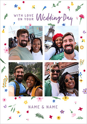Floral 4 Photo Wedding Card