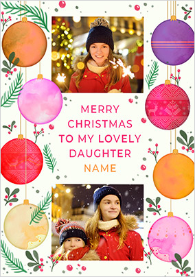 Daughter Watercolour Baubles Photo Christmas Card