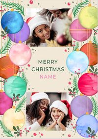 Merry Christmas Watercolour Baubles Photo Christmas Card