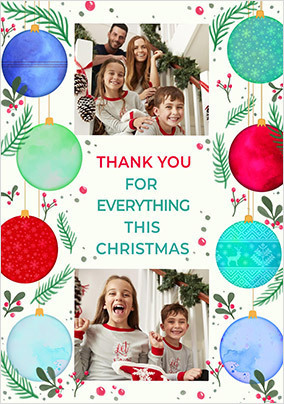 Thank You Watercolour Baubles Photo Xmas Card