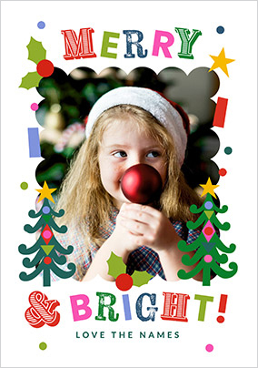 Merry & Bright Colourful Border Photo Christmas Card