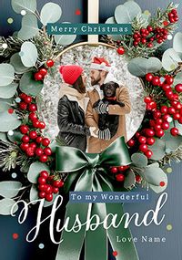 Tap to view Photographic Wreath Photo Christmas Card for Husband