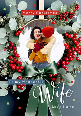 Photographic Wreath Photo Christmas Card for Wife