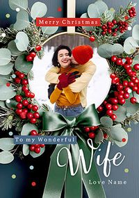 Tap to view Photographic Wreath Photo Christmas Card for Wife