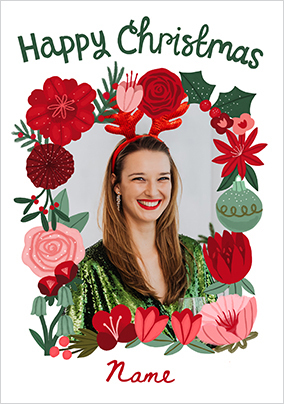 Illustrated Poinsettia Photo Upload Christmas Card