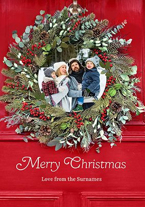 Rustic Family Wreath Photo Upload Christmas Card