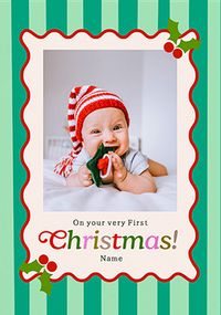 Tap to view Kitsch Green Stripe First Christmas Photo Card