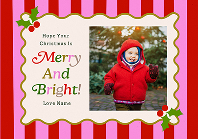 Kitsch Pink Stripe Merry & Bright Landscape Christmas Photo Card