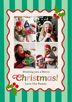 Photo of Kitsch Green Stripe 4 Photo Christmas Card