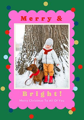 Photo of Merry & Bright Pink & Green Colourful Christmas Photo Card