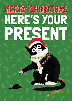 Cat Here's your Present Christmas Card