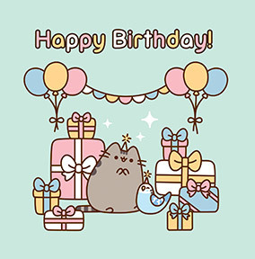 Pusheen - Birthday Presents and Balloons Card