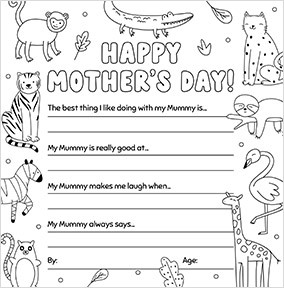 Colour and write on me  Animal Mother's Day Card