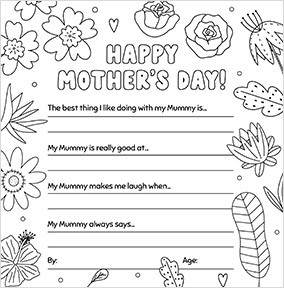 Colour and write on me  Floral Mother's Day Card