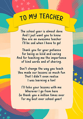 Colours My Teacher Thank You Card