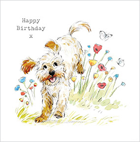 Dog and Flowers Birthday Card