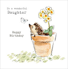 Daughter Hedgehog in Flower Pot Birthday Card