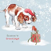 Dog and Gift Season's Greetings Christmas Card