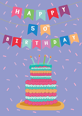50th Cake and Birthday Bunting Card | Funky Pigeon